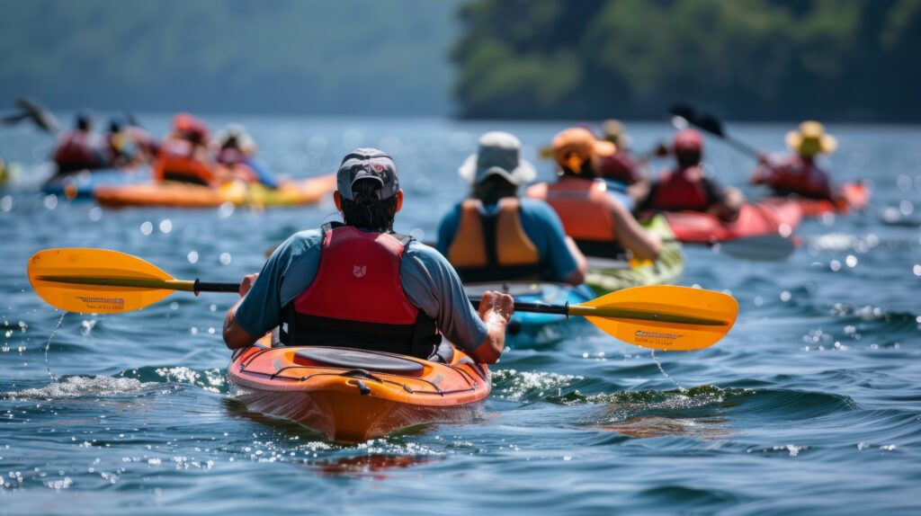 A group of individuals enjoying a ride on top of kayaks on the water surface.