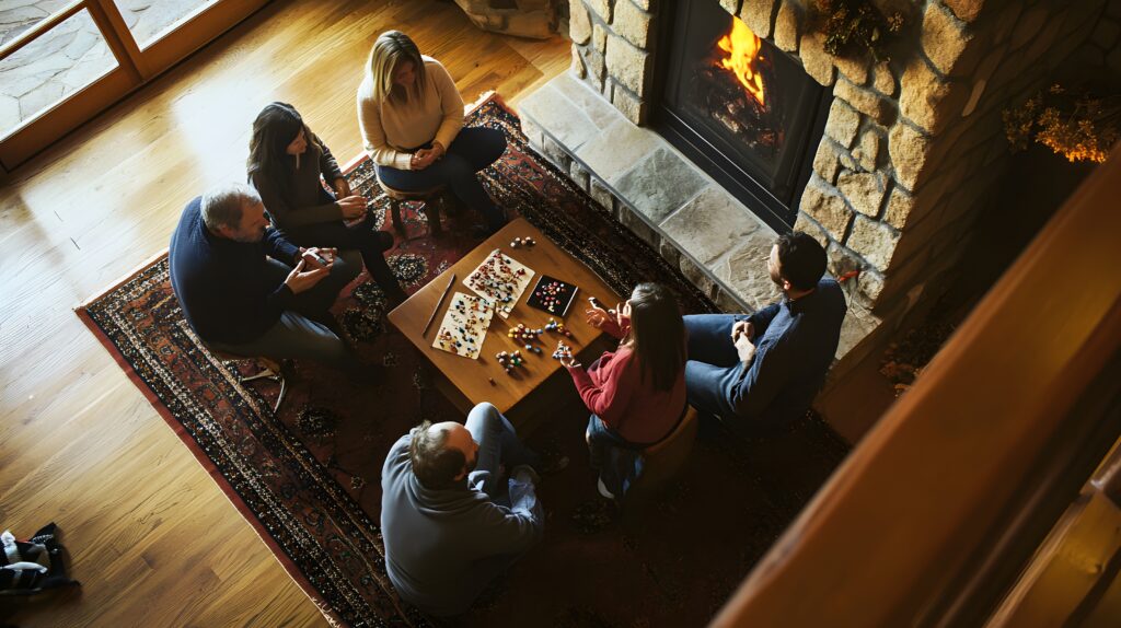 A group of friends gather around a coffee table, playing a board game in a cozy living room.