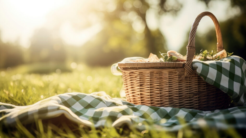 picnic basket with delicious food in it